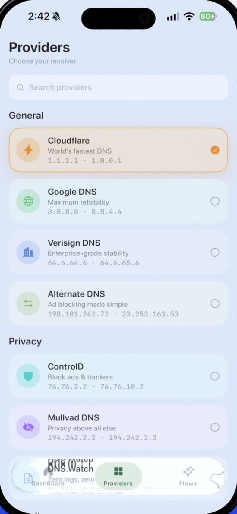 Flow provider list with Cloudflare selected, plus Google DNS, Verisign, Alternate DNS, Control D and Mullvad